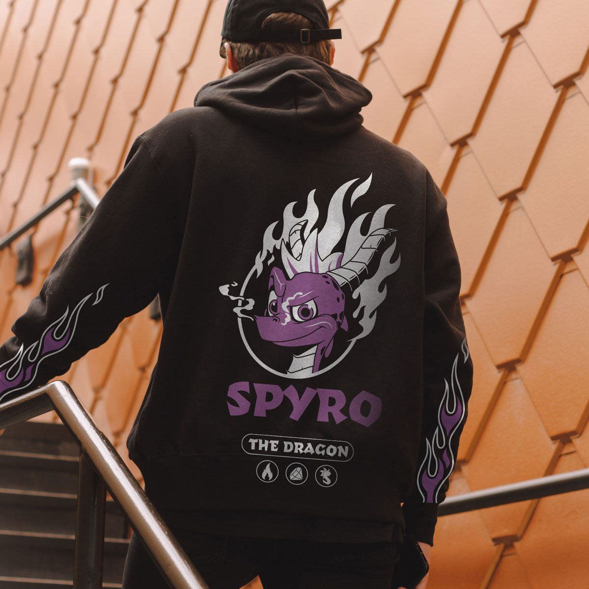 Spyro Flaming Hoodie with Small Chest Emblem and Large Print design on Reverse, in Black
