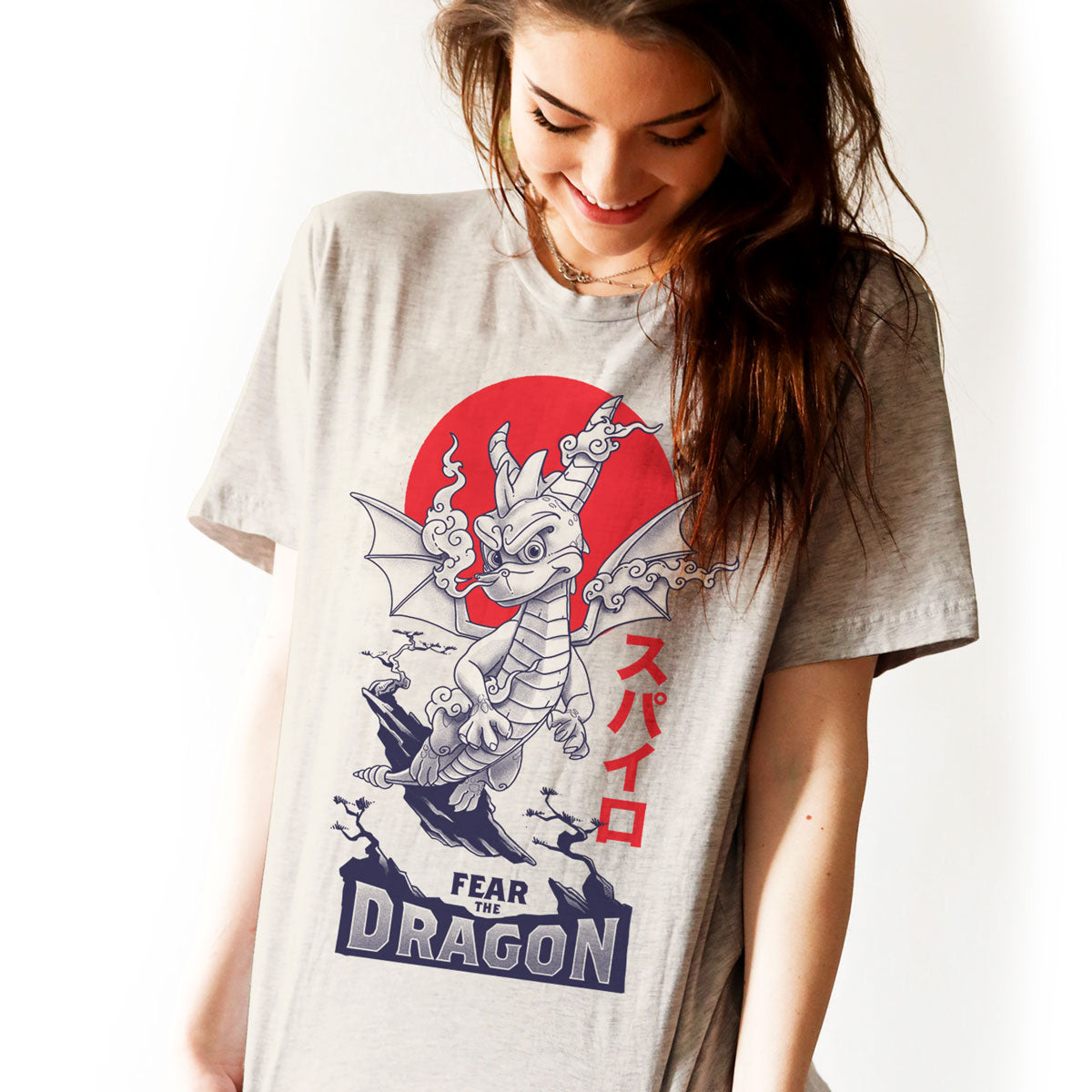 Spyro Fear The Dragon T-shirt with Japanese Rising Sun on White Crew Neck