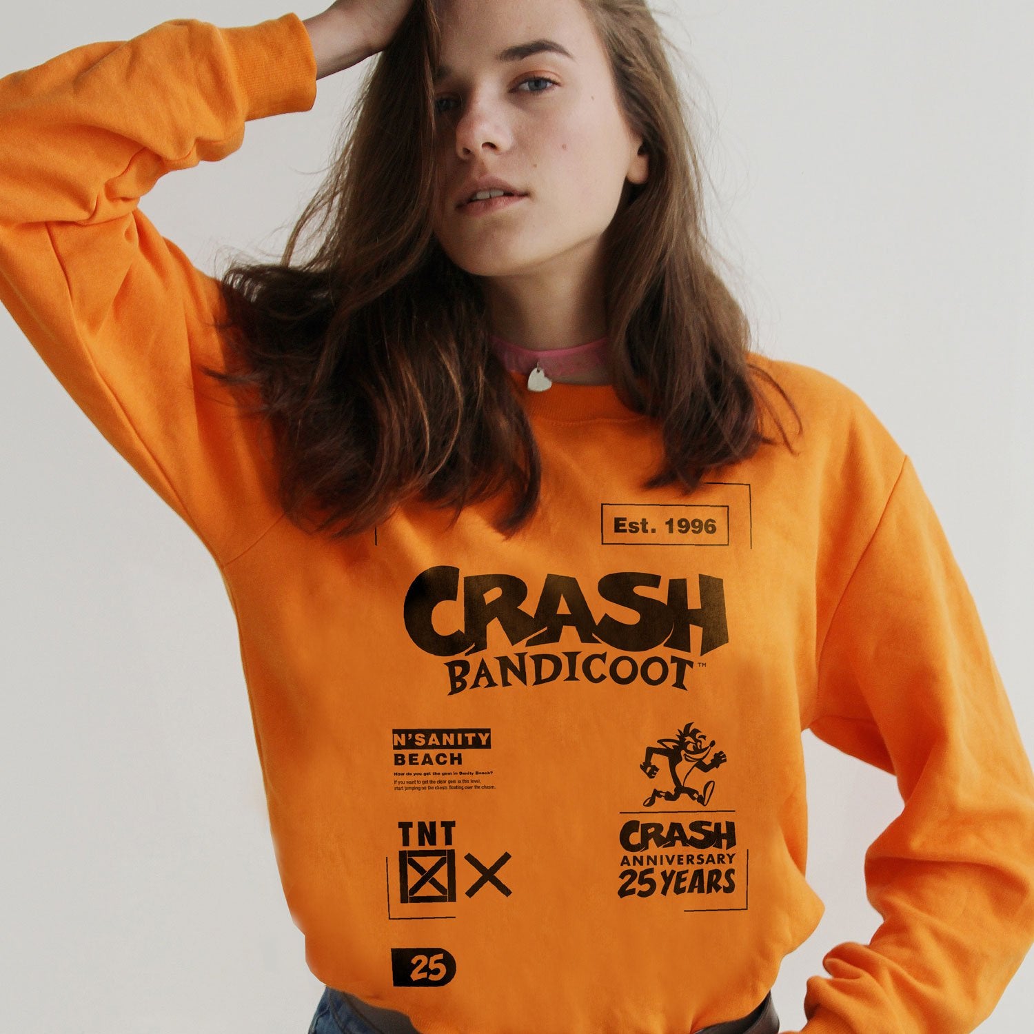 Crash Bandicoot N'Sanity Beach Mens Sweatshirt, Unisex Orange 25th Anniversary Jumper with Official Hem Label