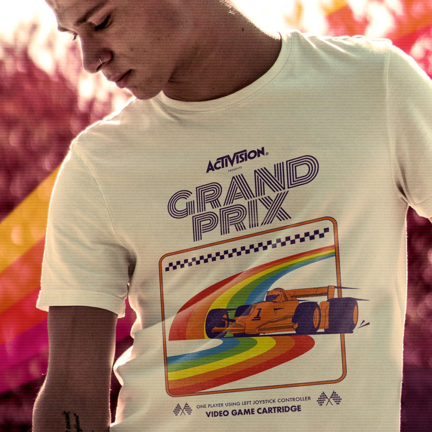 Activision Grand Prix Men's T-shirt, Cartridge Art Design on Natural White Tee