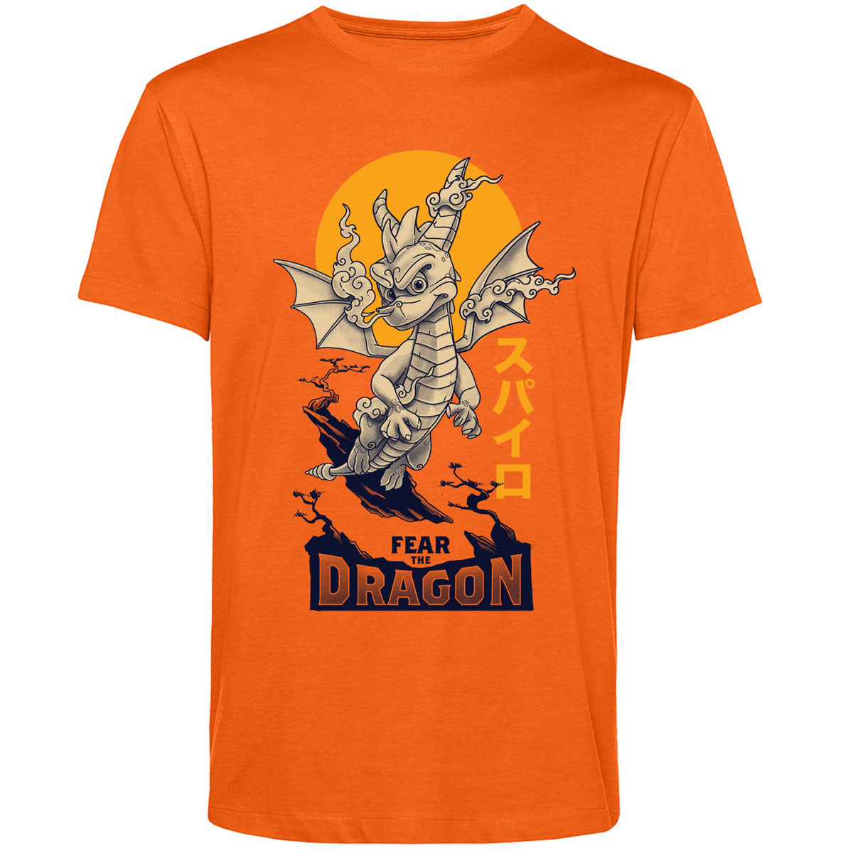 Spyro Fear The Dragon T-shirt with Japanese Rising Sun on Orange Crew Neck