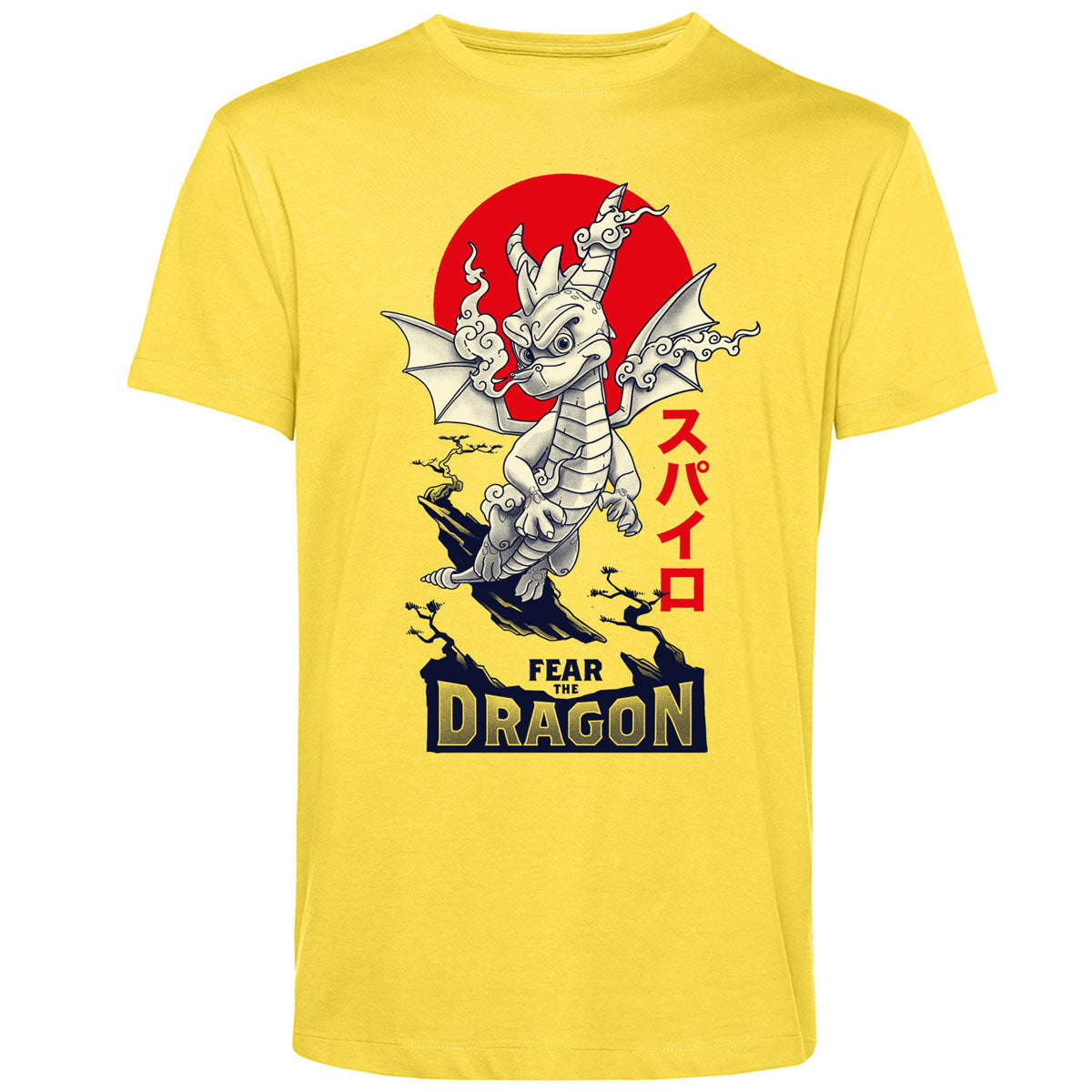 Spyro Fear The Dragon T-shirt with Japanese Rising Sun on Yellow Crew Neck