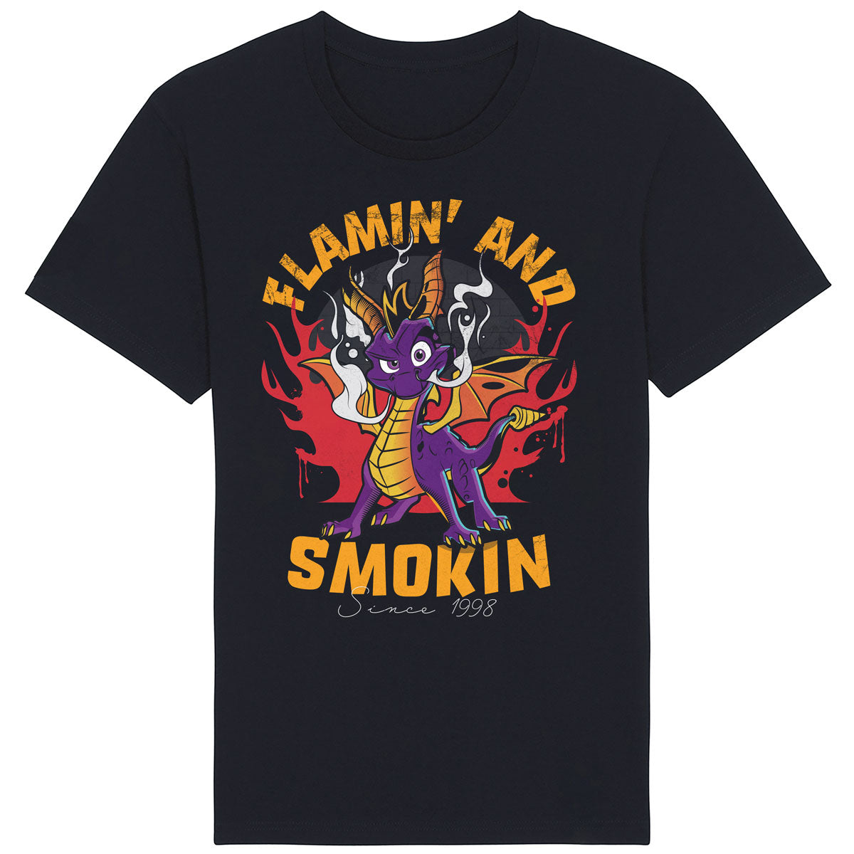 Spyro T-Shirt - Flamin' and Smokin Since 1998, on Black Crew Neck