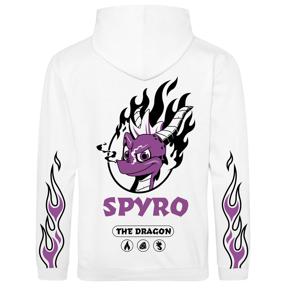 Spyro Flaming Hoodie with Small Chest Emblem and Large Print design on Reverse, in White