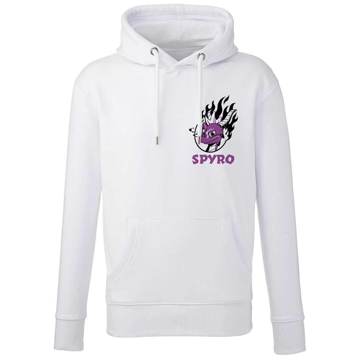 Spyro Flaming Hoodie with Small Chest Emblem and Large Print design on Reverse, in White